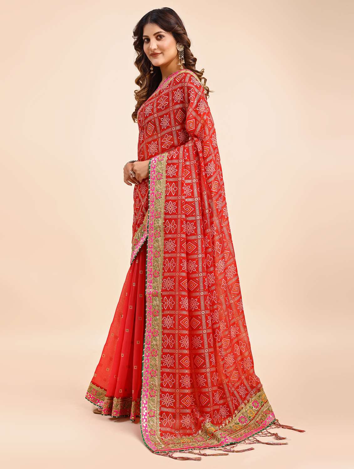 women bandhani printed half & half saree with blouse - 22606777 -  Standard Image - 1