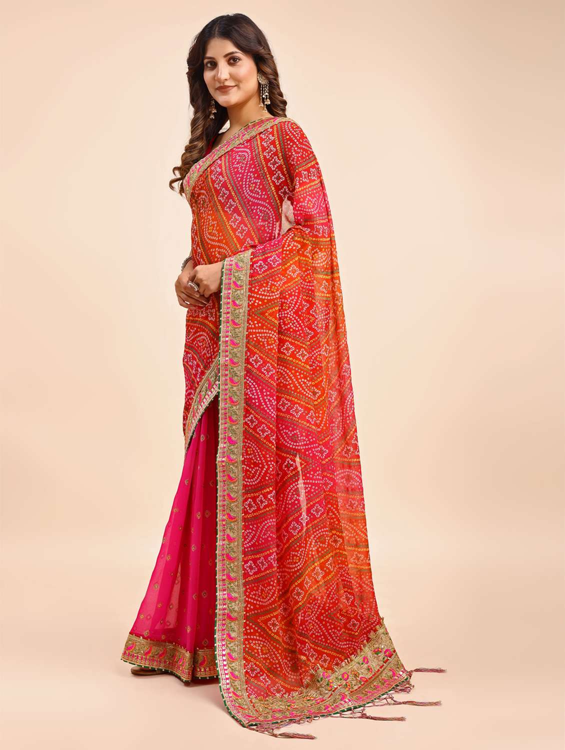 Women Bandhani Printed Half & Half Saree With Blouse - 22606778 -  Standard Image - 1
