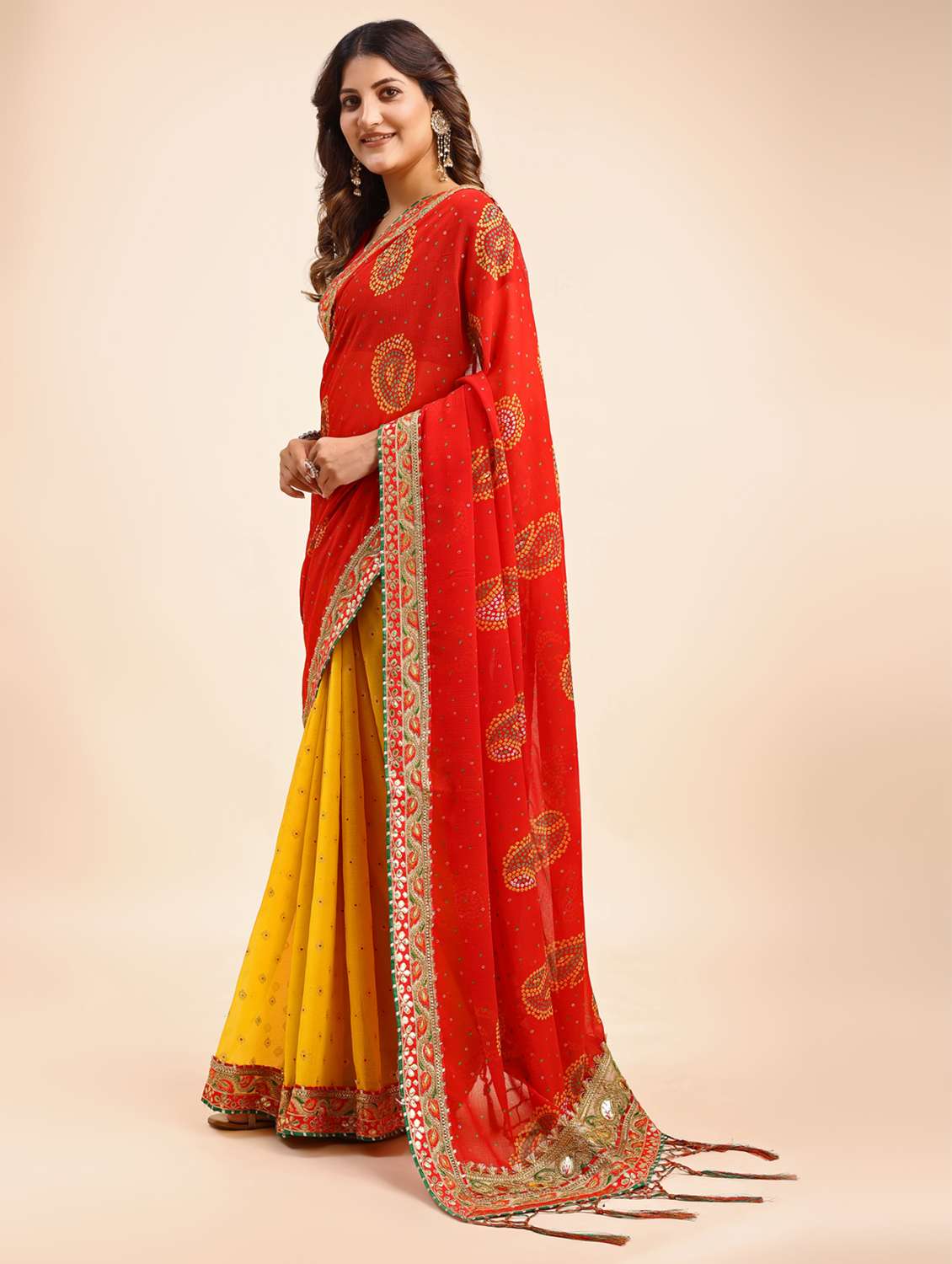 Women Bandhani Printed Half & Half Saree With Blouse - 22606780 -  Standard Image - 1