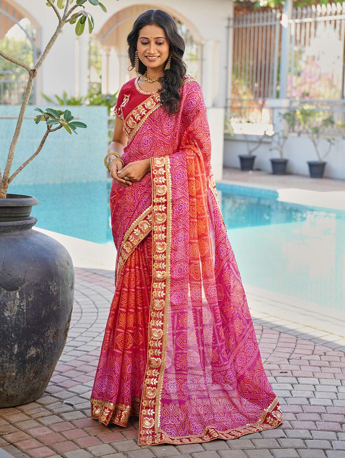 Women Bandhani Printed Saree With Blouse - 22606792 -  Standard Image - 1