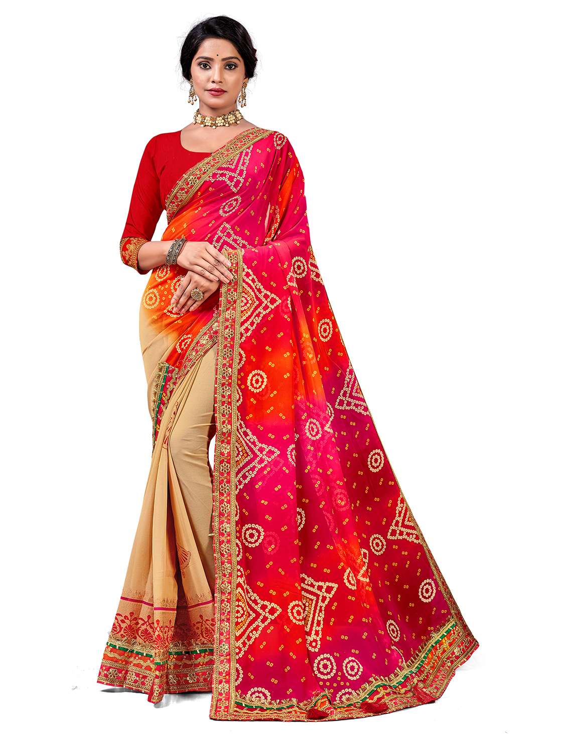 women bandhani printed half & half saree with blouse