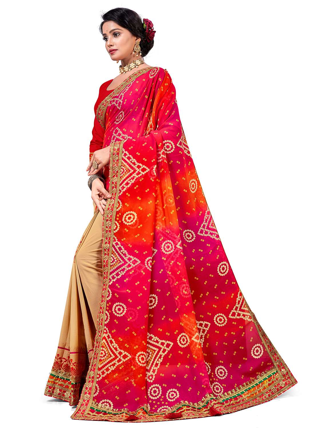 women bandhani printed half & half saree with blouse - 22606794 -  Standard Image - 1