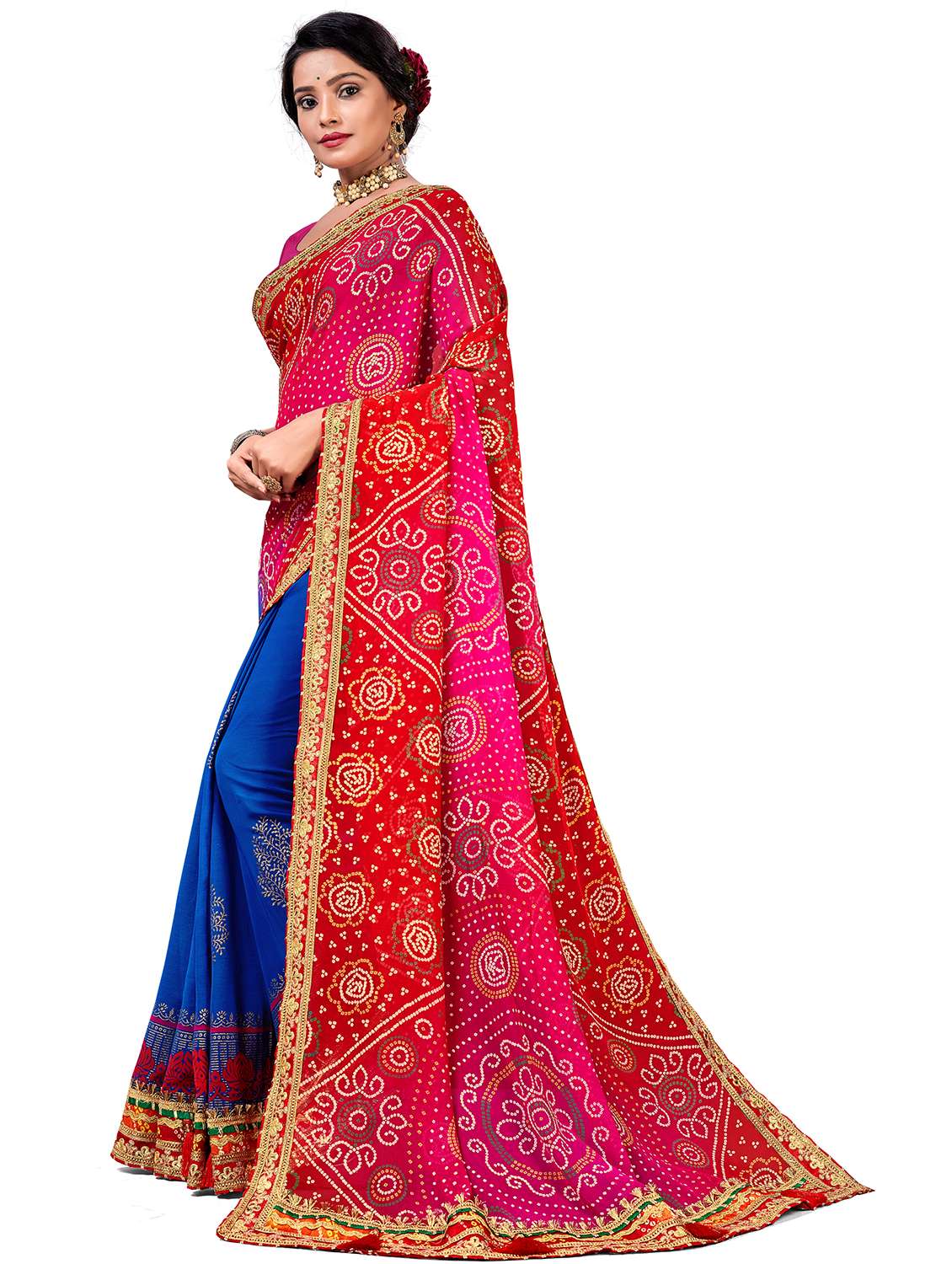 women bandhani printed half & half saree with blouse - 22606795 -  Standard Image - 1