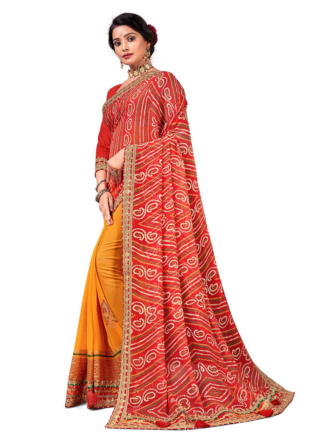 women bandhani printed half & half saree with blouse - 22606796 -  Standard Image - 1