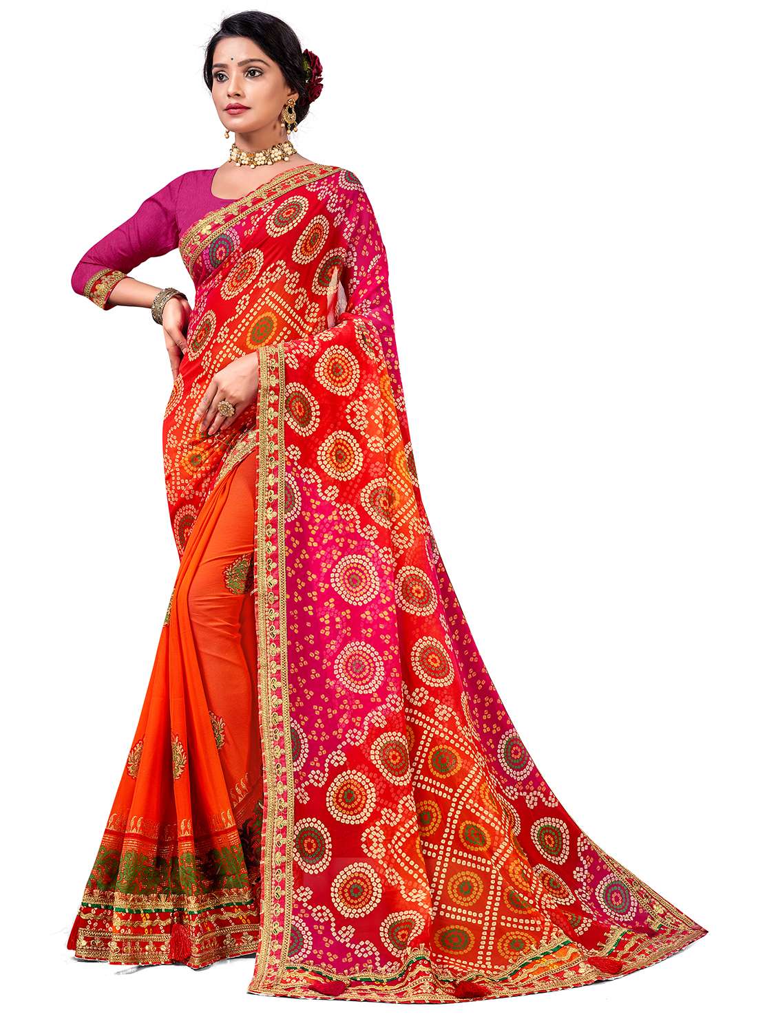 women bandhani printed half & half saree with blouse