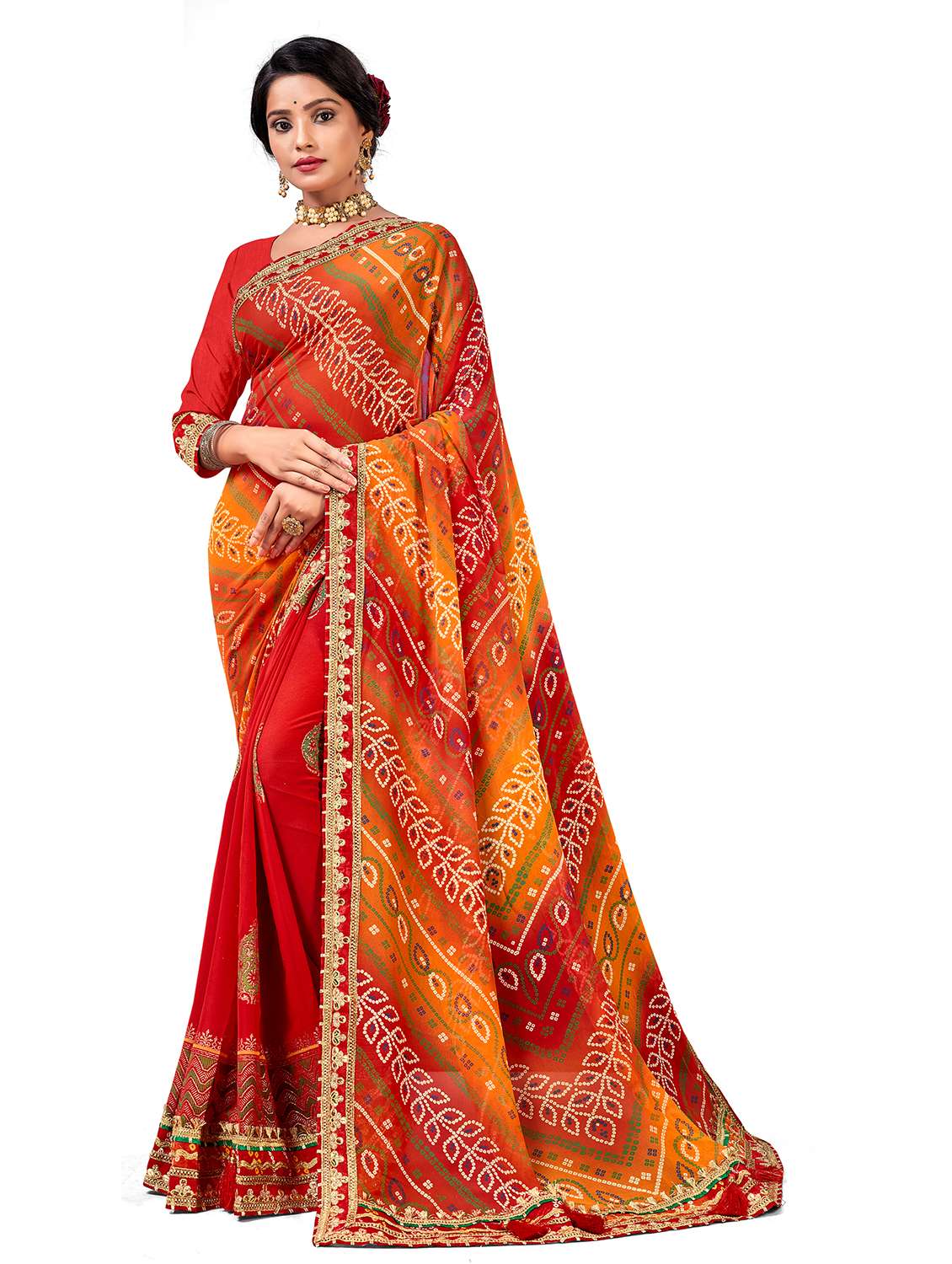 women bandhani printed half & half saree with blouse