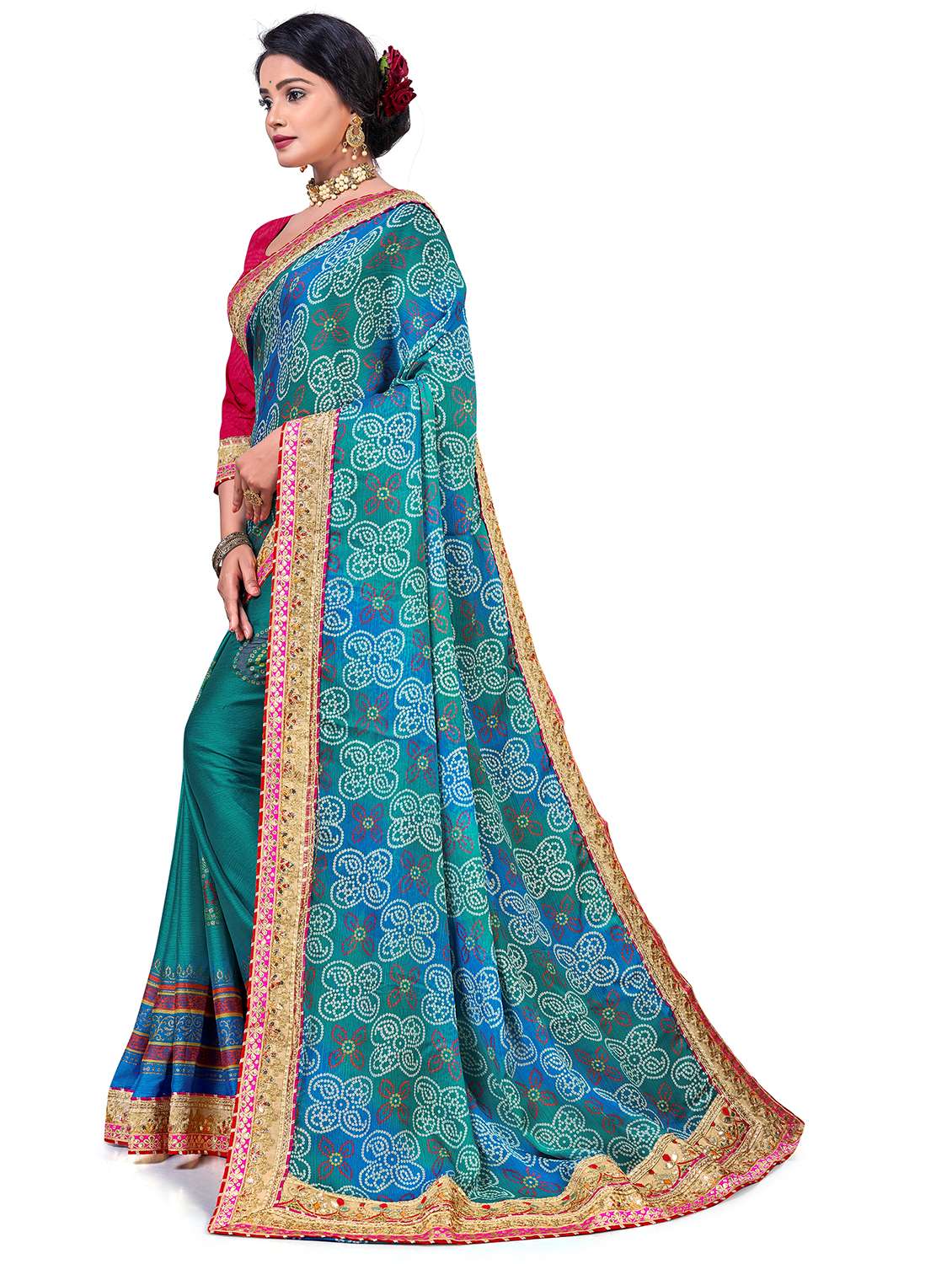 women bandhani printed half & half saree with blouse - 22606802 -  Standard Image - 1