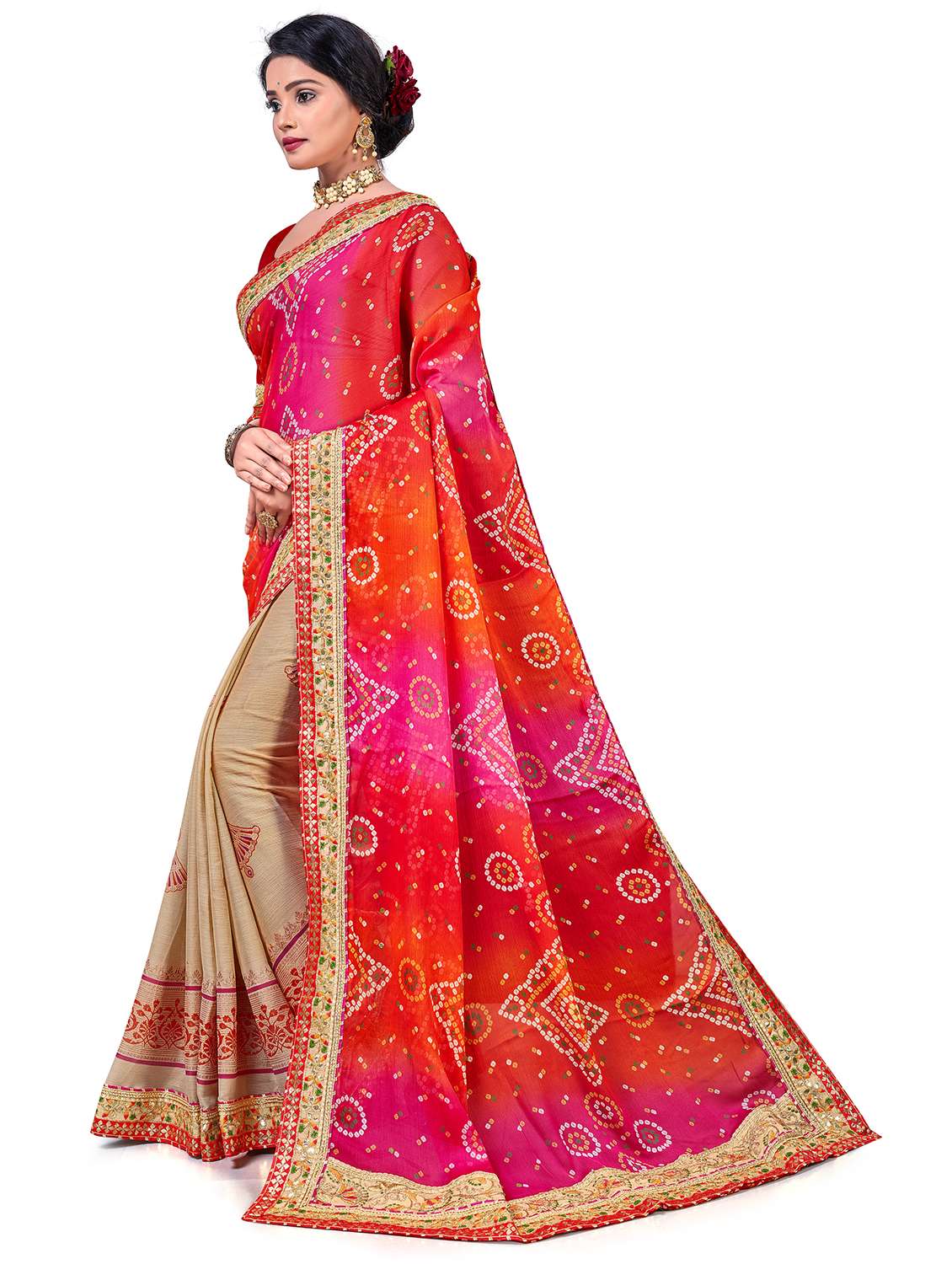 women bandhani printed half & half saree with blouse - 22606803 -  Standard Image - 1