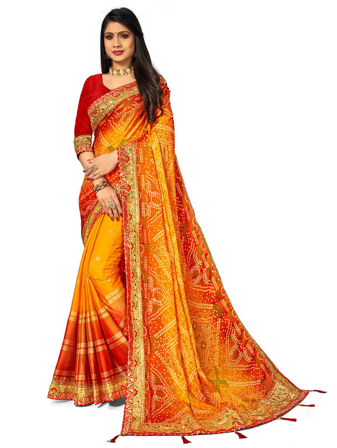 women printed half & half saree with blouse