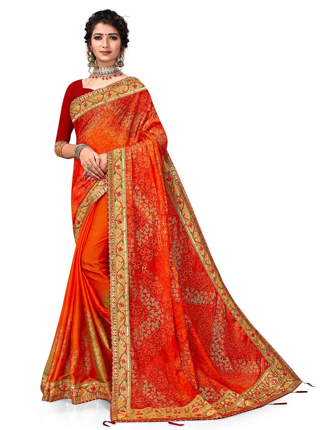 women printed half & half saree with blouse