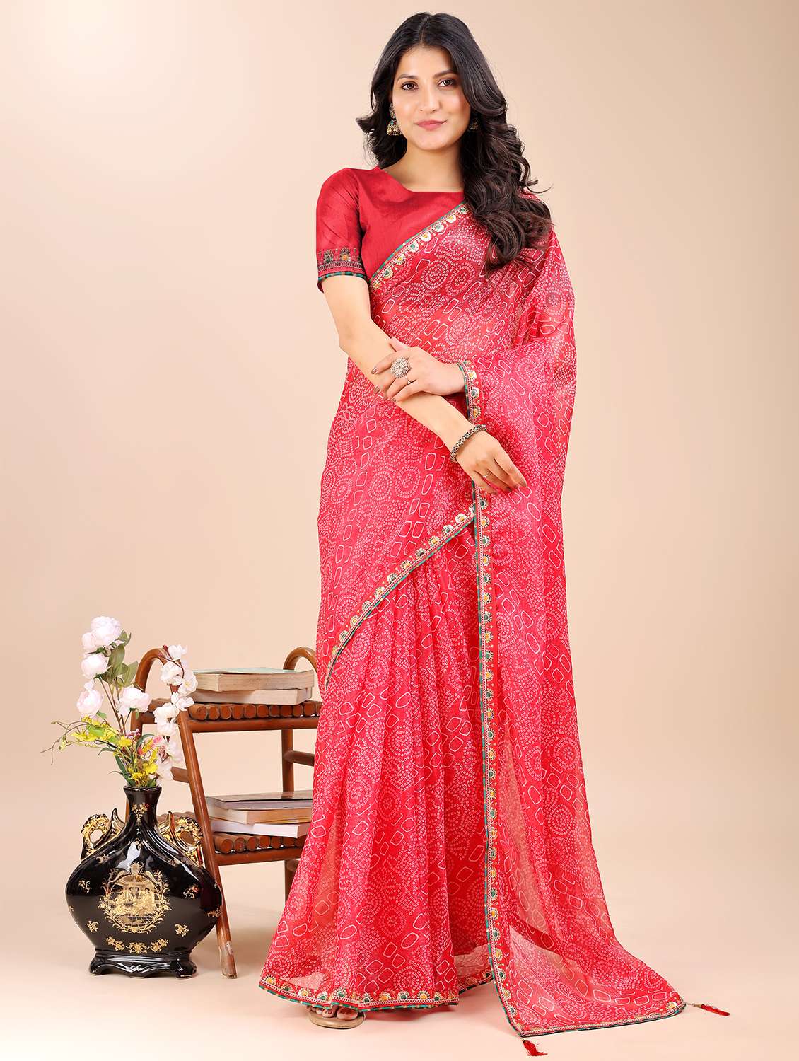 women bandhani printed saree with blouse