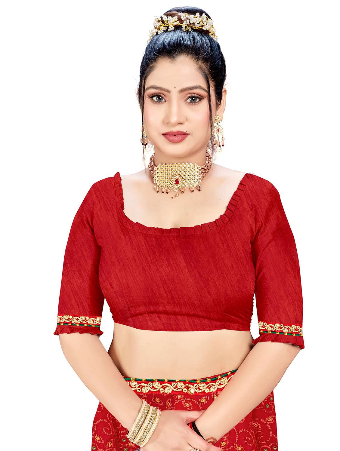 Women Bandhani Printed Saree With Blouse - 22606832 -  Standard Image - 4