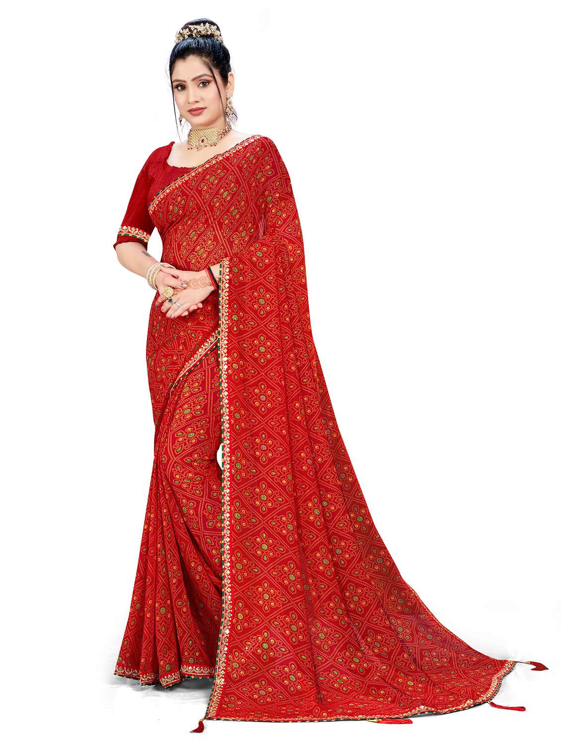 women bandhani printed saree with blouse