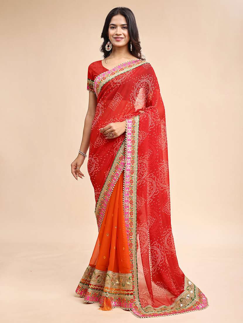 women bandhani printed half & half saree with blouse