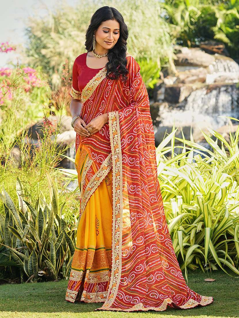 women bandhani printed half & half saree with blouse