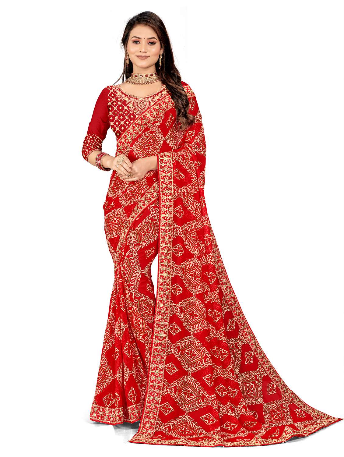women bandhani printed saree with blouse
