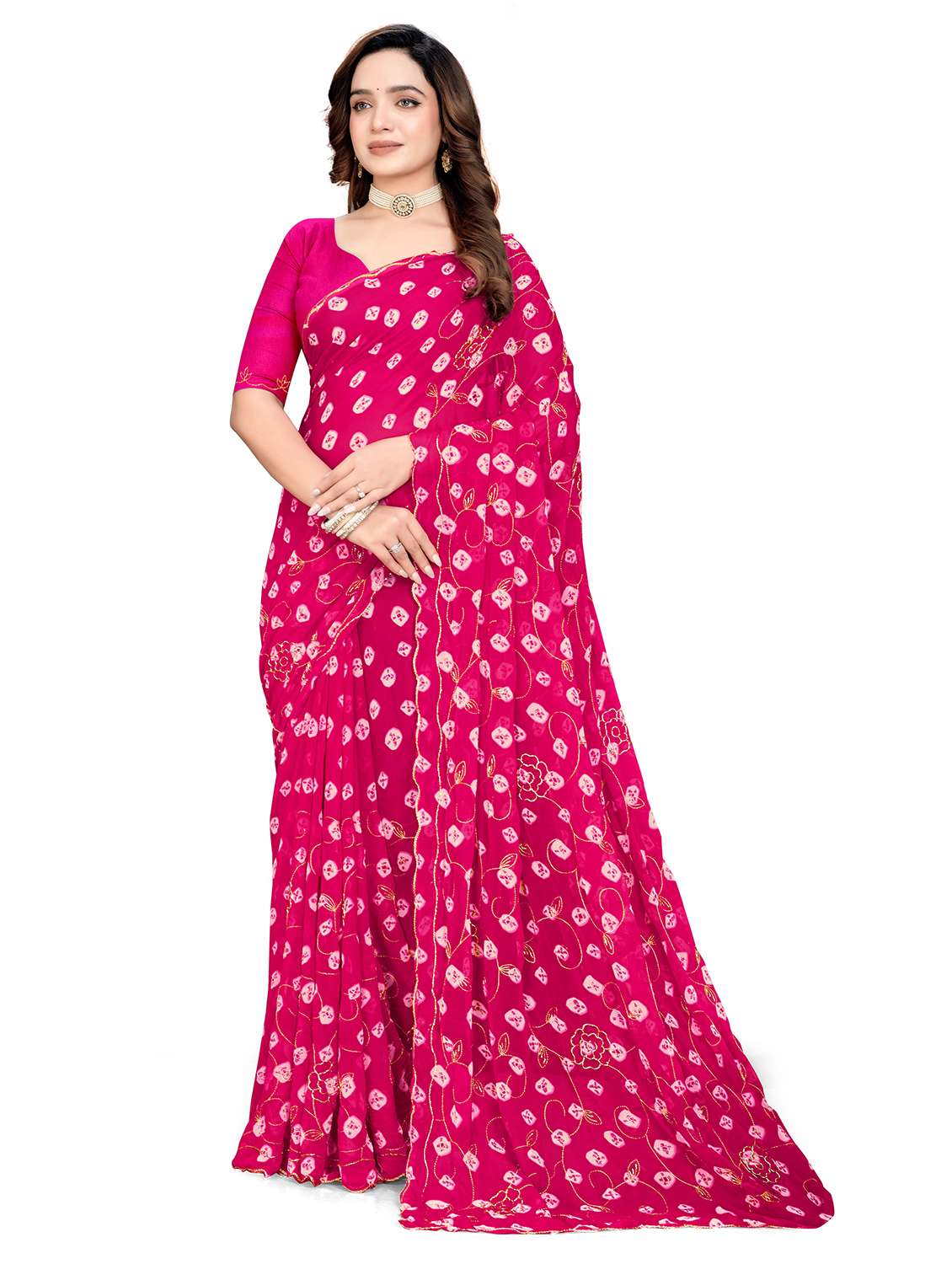 women bandhani printed saree with blouse
