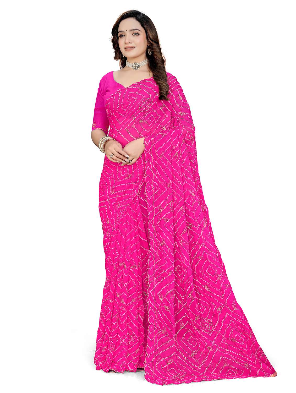 women bandhani printed saree with blouse