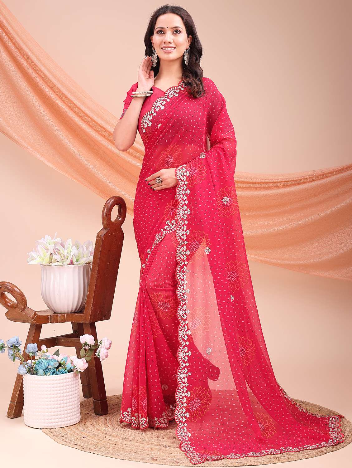 women bandhani printed saree with blouse
