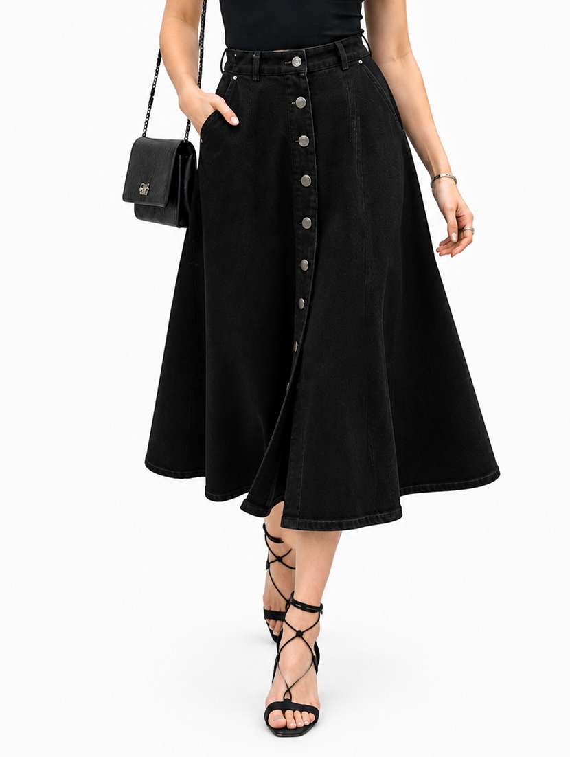 women solid high rise flared skirt