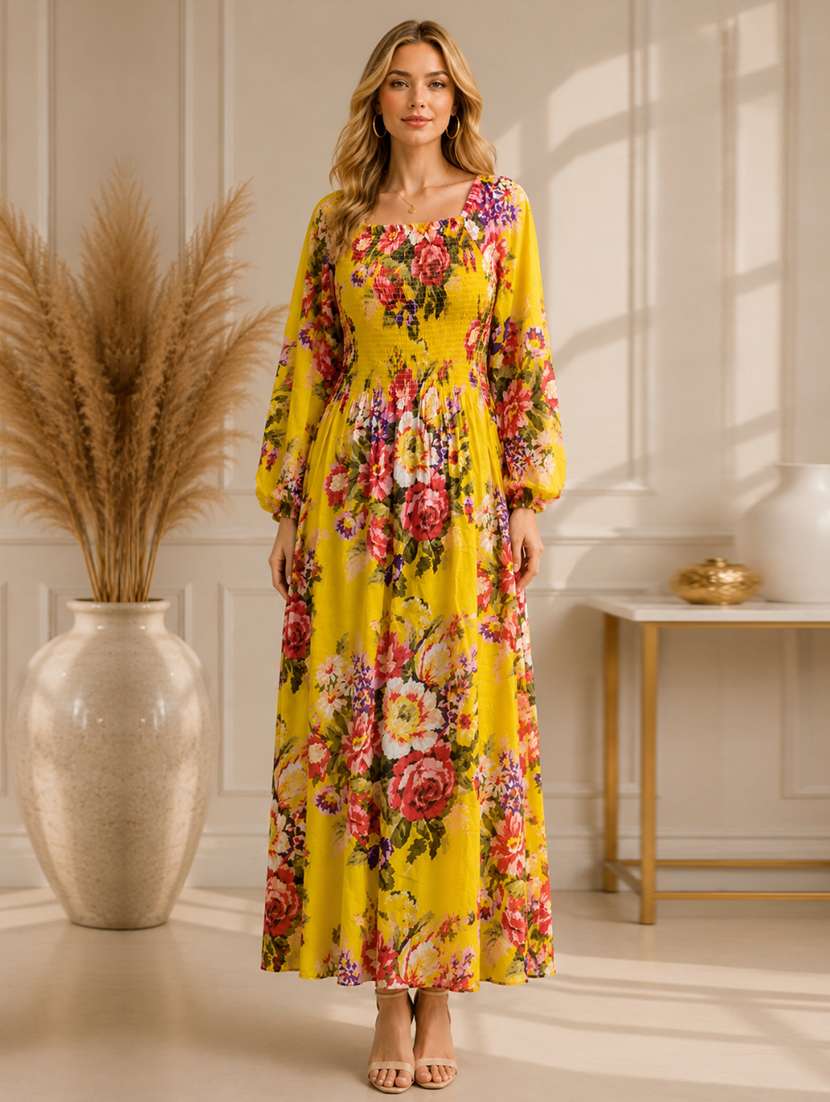 women printed long sleeves fit and flare dress