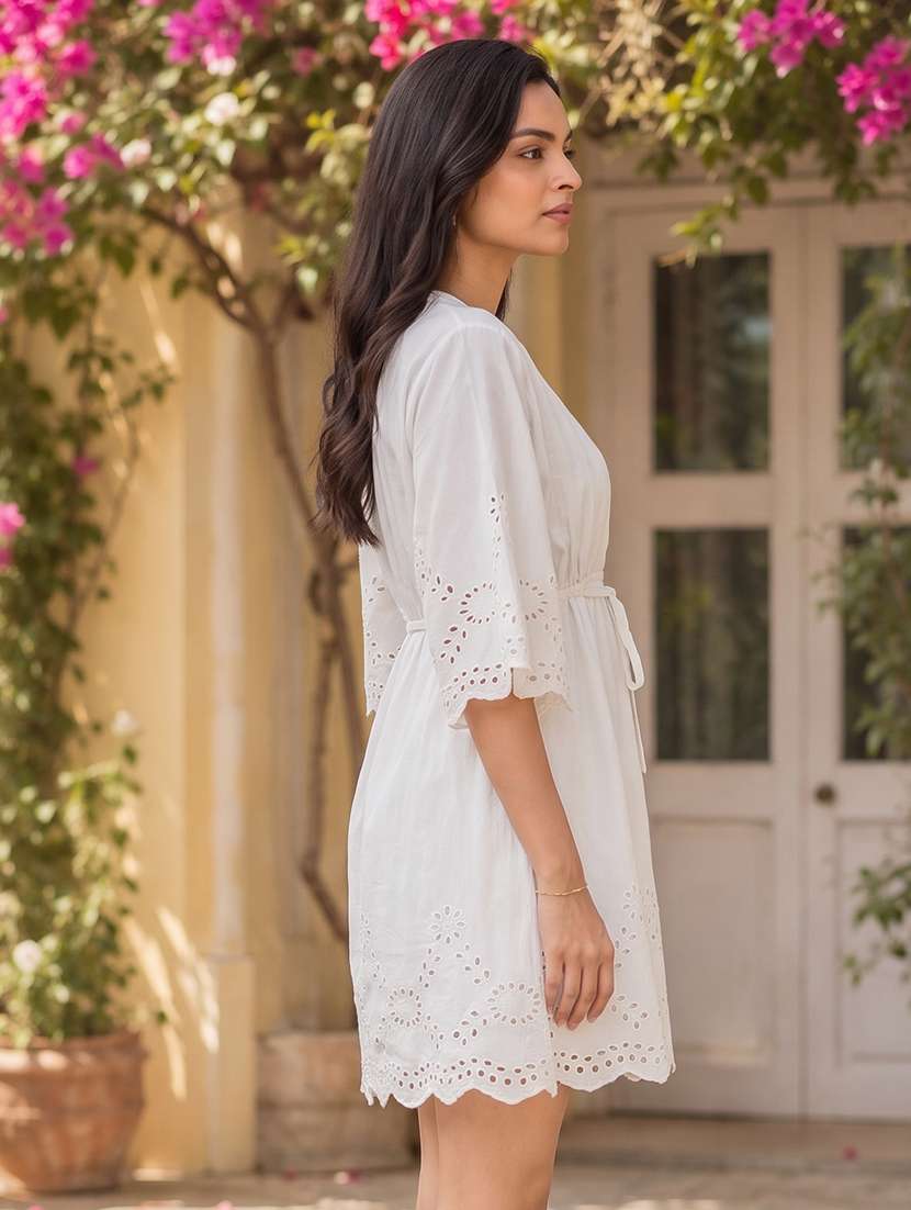 Women Self Design Three Quarter Sleeves A-line Dress - 22609456 -  Standard Image - 1