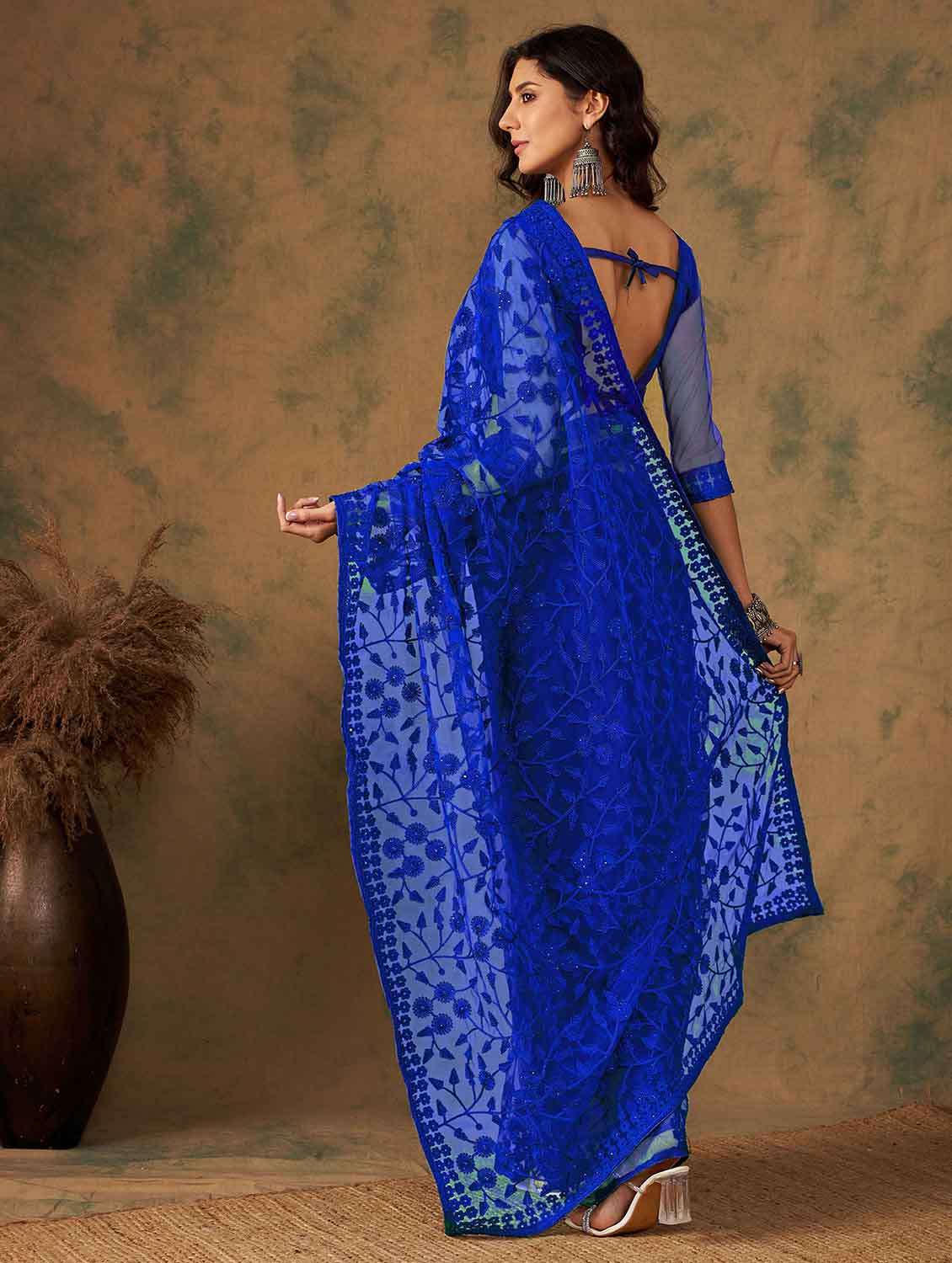 Women Solid With Work Embroidered Saree With Blouse - 22610083 -  Standard Image - 4