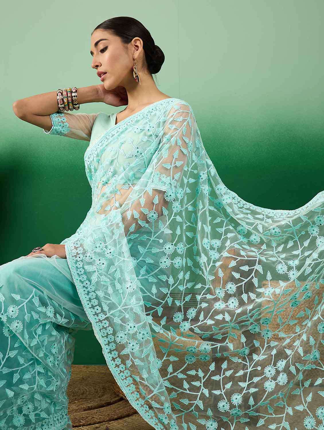 women solid with work embroidered saree with blouse - 22610084 -  Standard Image - 1