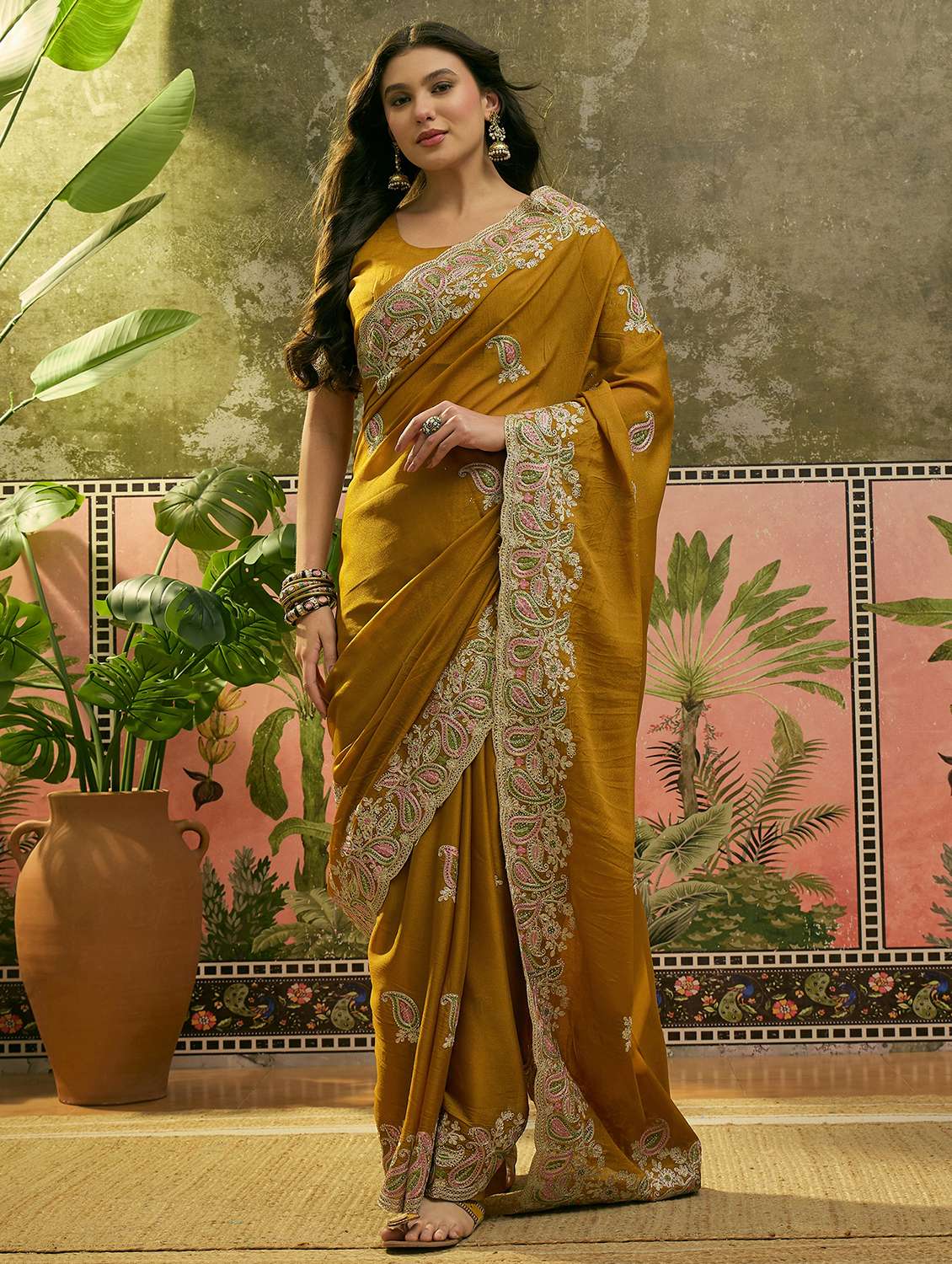 women solid with work embroidered saree with blouse