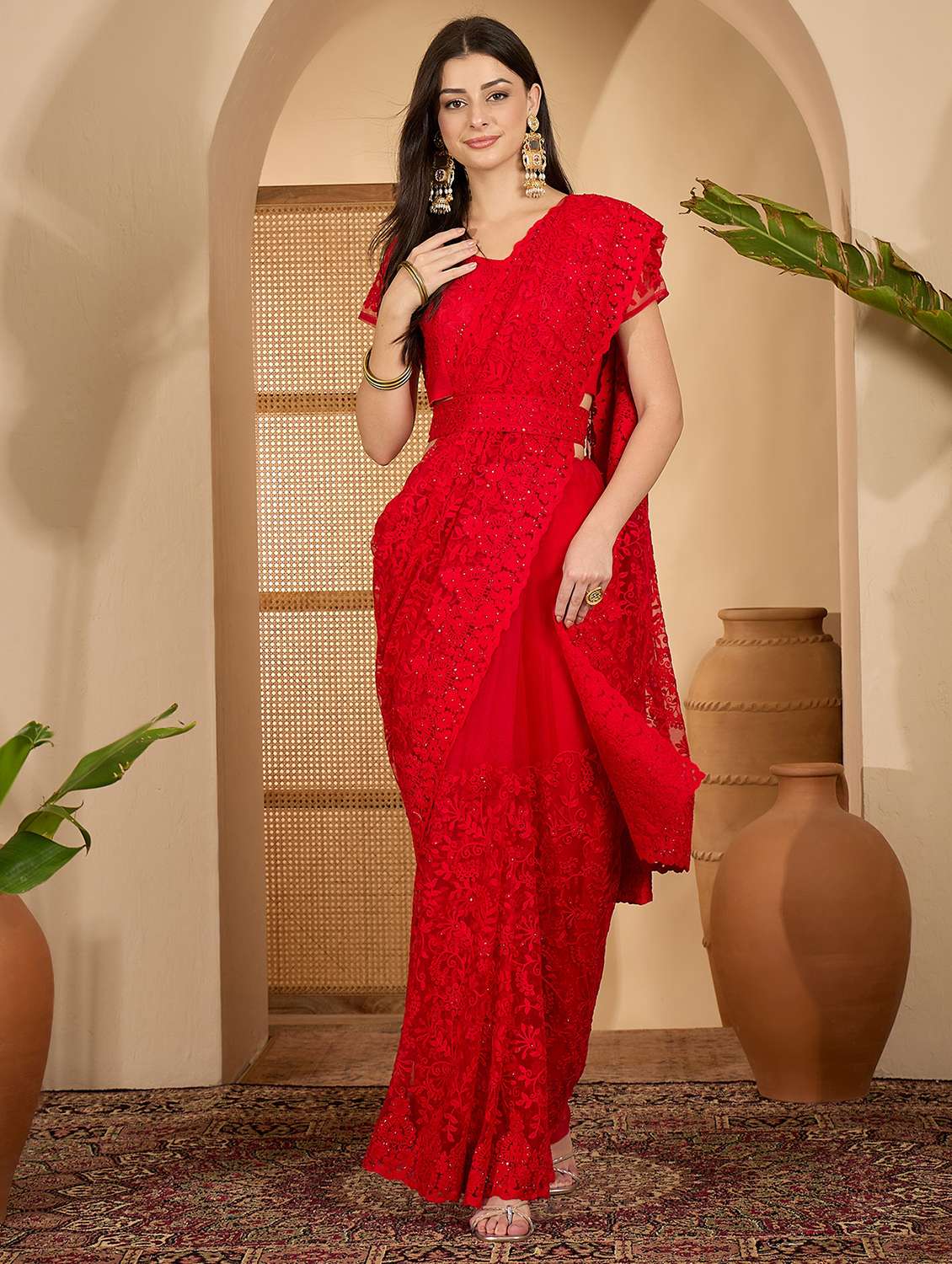 women solid with work embroidered saree with blouse