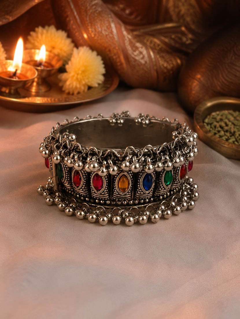 adjustable oxidised silver plated ghungroo bracelet with multicolor stones