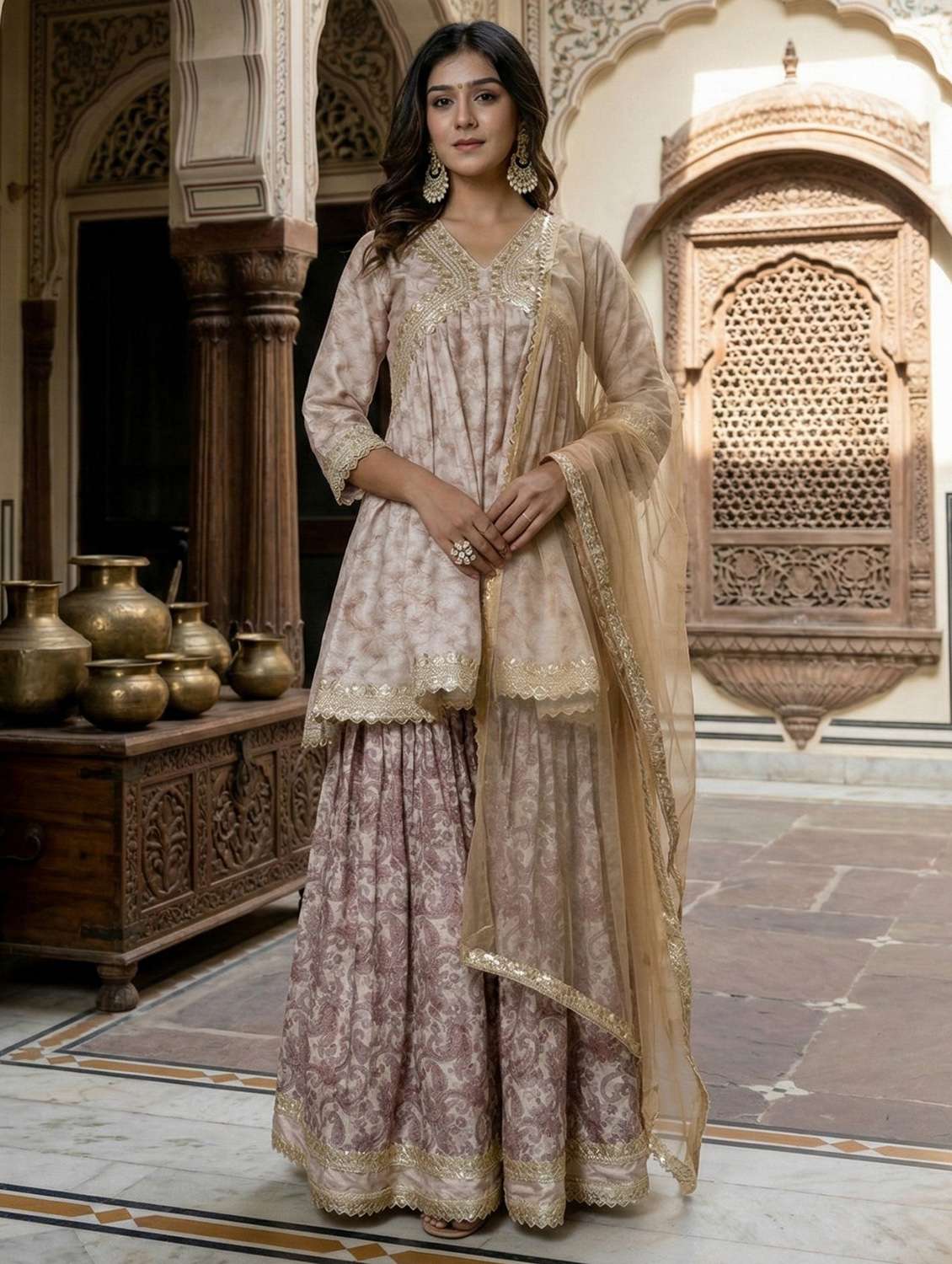 Women Printed Three Quarter Sleeves Kurta Sharara Set With Dupatta - 22610586 -  Standard Image - 1