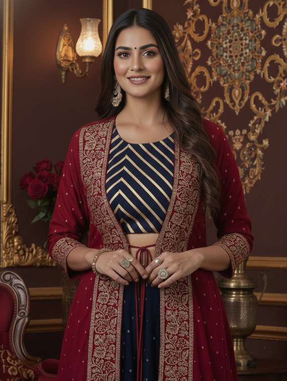 women self design three quarter sleeves top skirt set with jacket - 22610591 -  Standard Image - 1