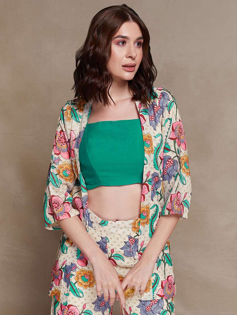 women printed three quarter sleeves top and trouser co-ord set with shrug - 22610753 -  Standard Image - 1