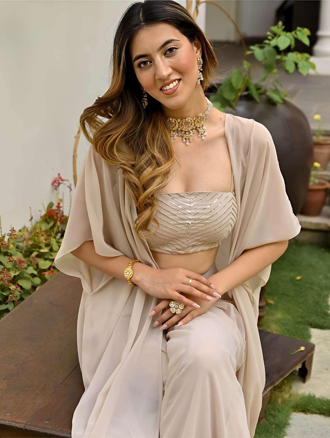 women embellished off shoulder fusion set with shrug - 22610755 -  Standard Image - 1