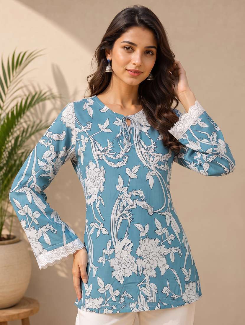 women printed long sleeves straight kurti
