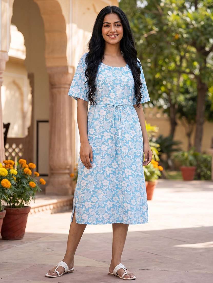women printed short sleeves a-line dress