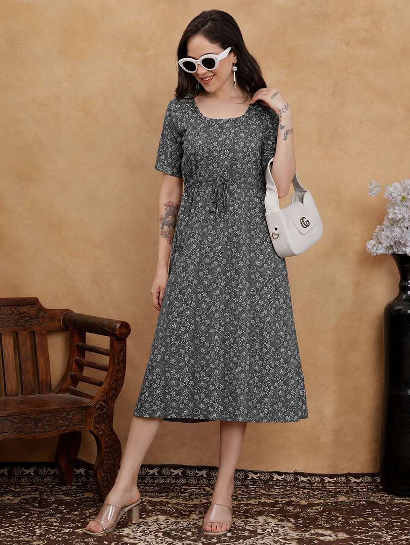 women printed short sleeves a-line dress