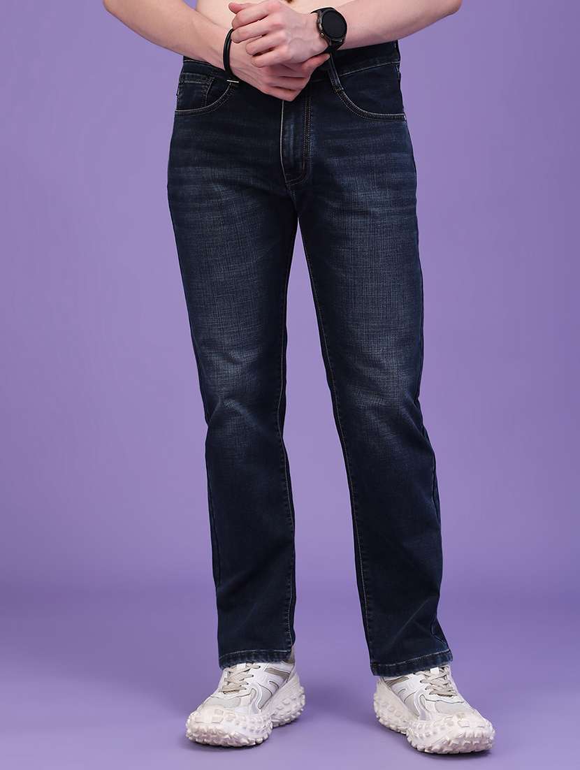 men washed mid rise full length straight jeans