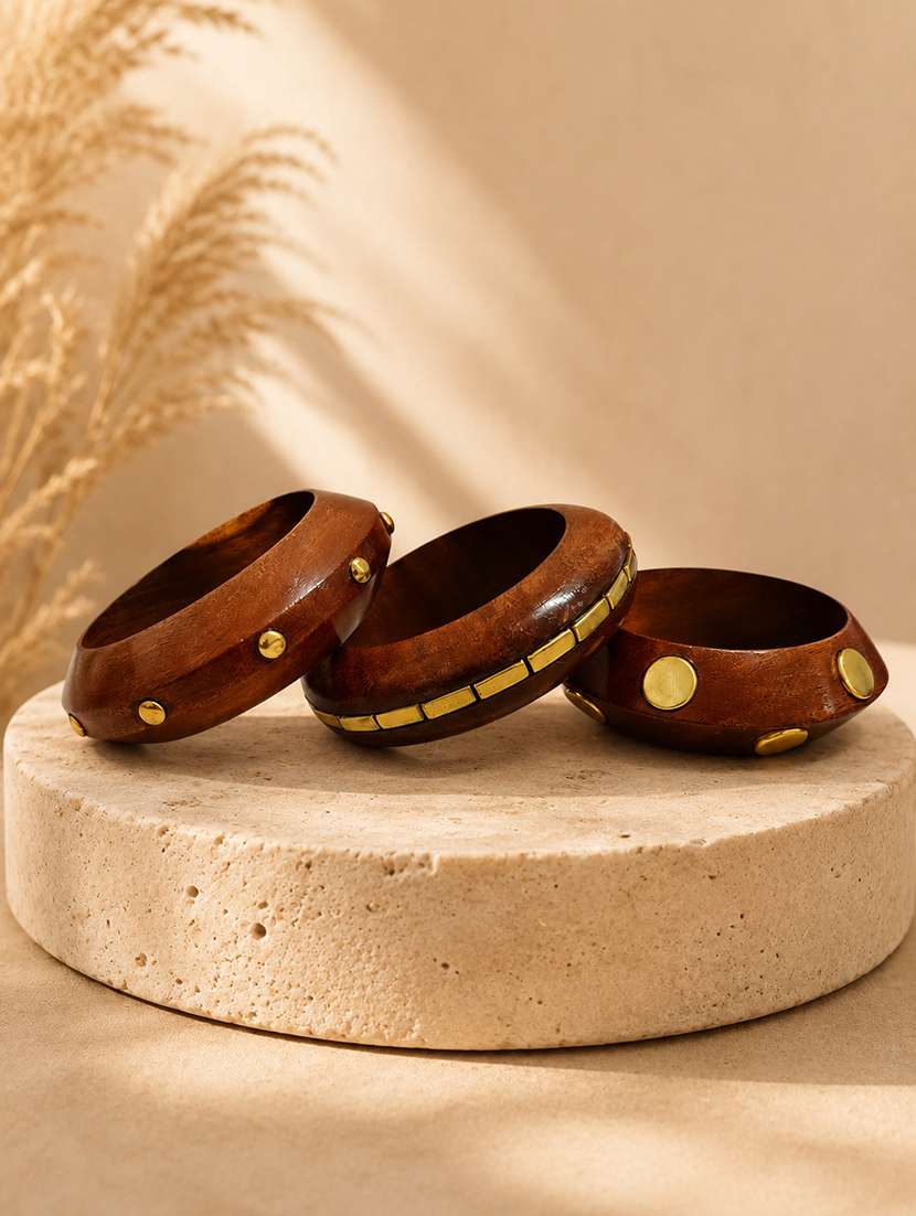 women set of 3 brown wooden bangles with golden stud detailing