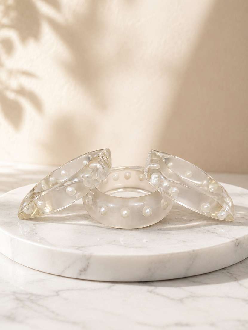 women set of 3 white acrylic clear sculpted resin bangles with pearls 