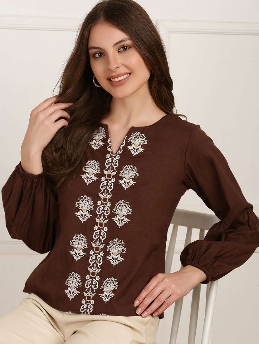 women embroidered long sleeves regular top