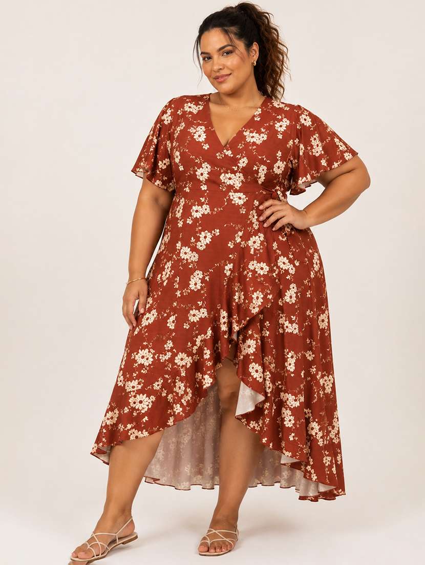 Women Printed Flared Sleeves Wrap Dress - 22615069 -  Standard Image - 1