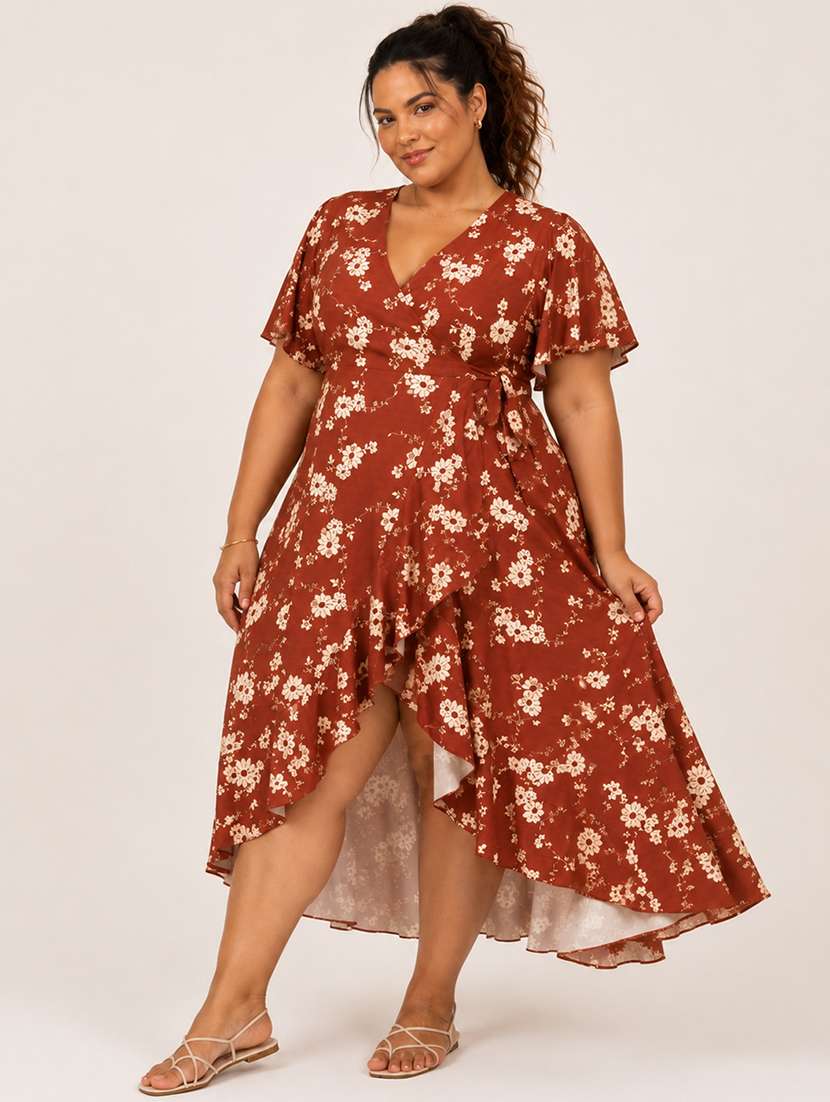 Women Printed Flared Sleeves Wrap Dress - 22615069 -  Standard Image - 4
