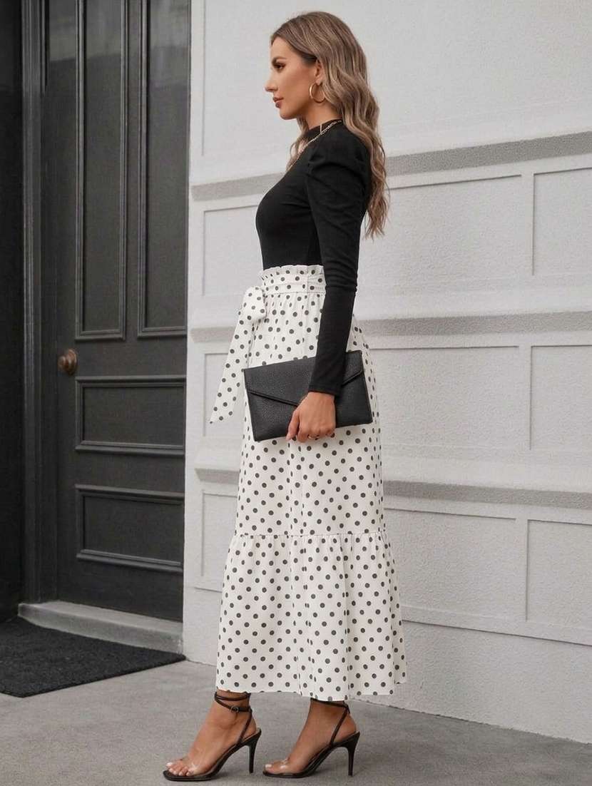women polka dots printed long sleeves tiered dress - 22615102 -  Standard Image - 1