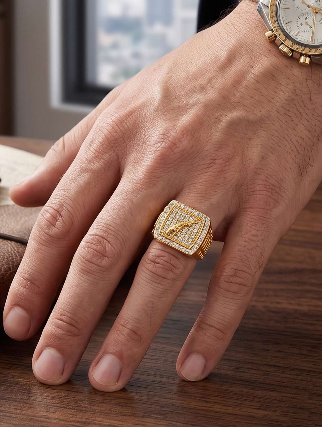 men gold brass imitation diamond jaguar finger ring - 22615103 -  Standard Image - 4