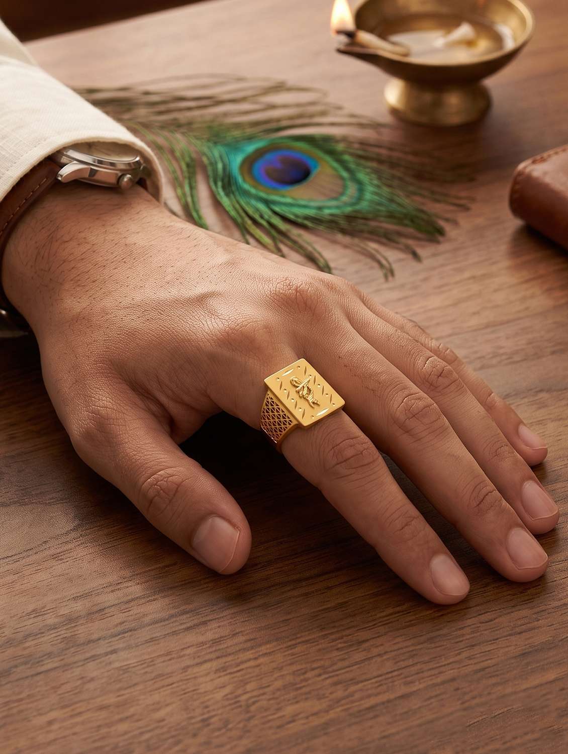 men gold brass krishna motif finger ring - 22615105 -  Standard Image - 4