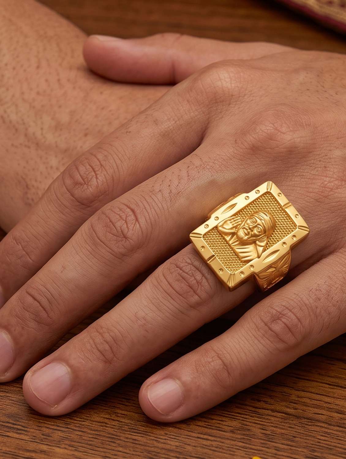 men brass micron gold plated finger ring with sai baba motif - 22615107 -  Standard Image - 4