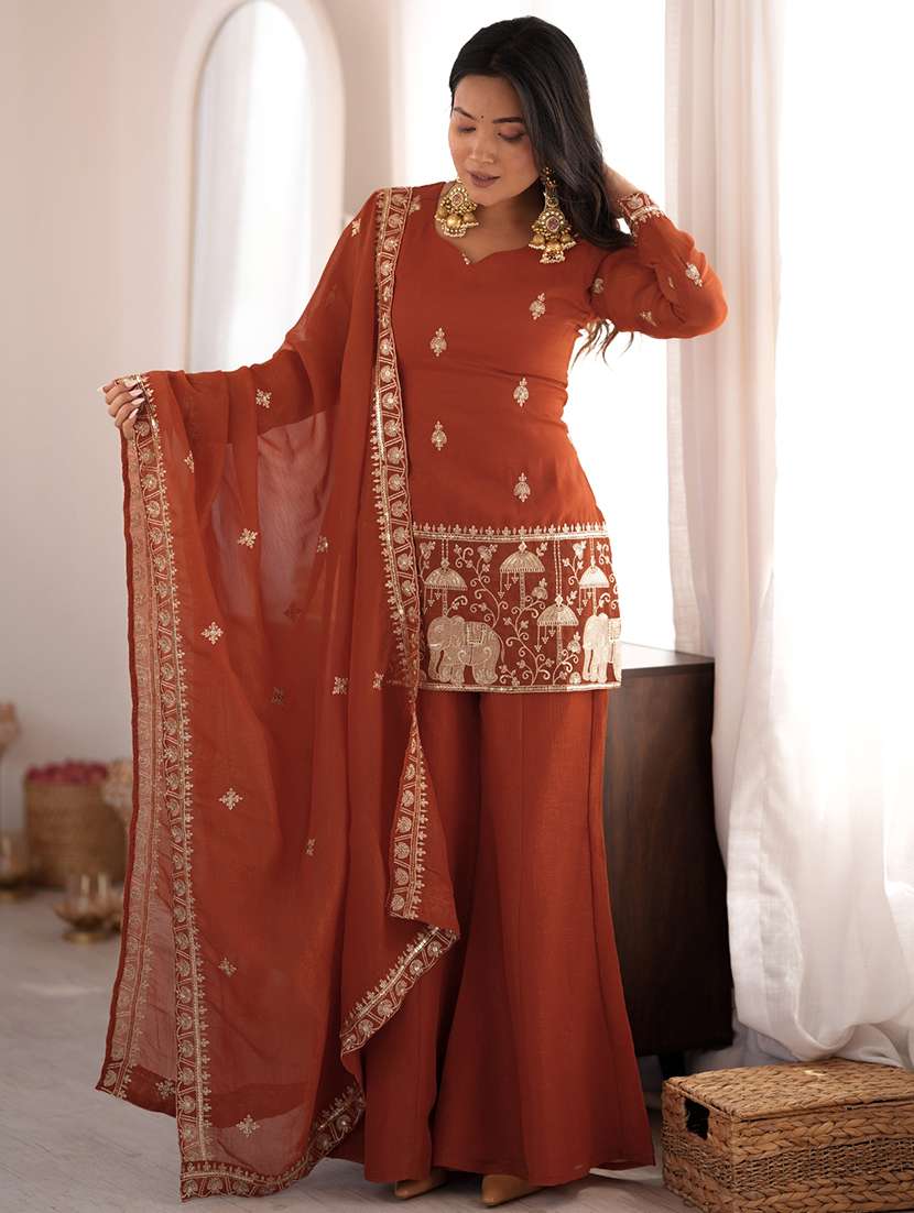 women embroidered long sleeves kurta palazzo set with dupatta