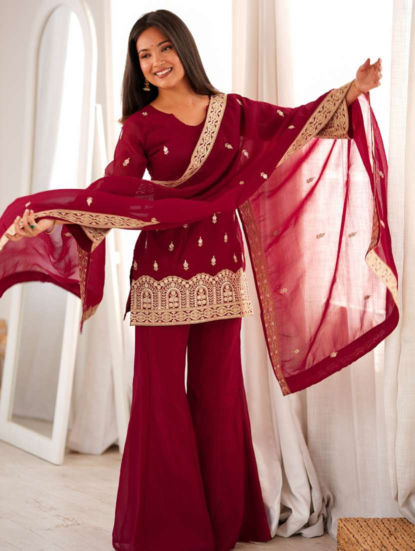 women embroidered long sleeves kurta palazzo set with dupatta